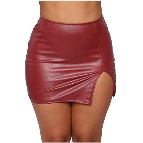 Faux Leather Skirt for Women's Elegant Stretch Skirts Side Split Slit Zipper High Waist Mini Short Skirt Wine