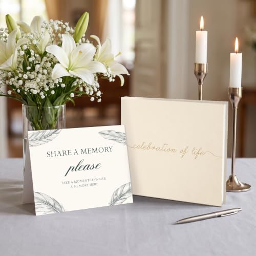 Image of Funeral Guest Book for Celebration of Life, in Loving Memory Sign in Book | 320 Entries, Table Sign Card Included, Gold Stamping, Twill-Textured Paper Cover, Memorial Keepsake, 9x7.5 inch, Beige