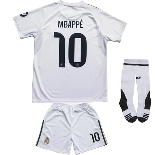 ORGBRAIN 2025/2026 Madrid Home 10 New Football Soccer Kids Jersey Shorts Socks Set Youth Sizes (White, 30)