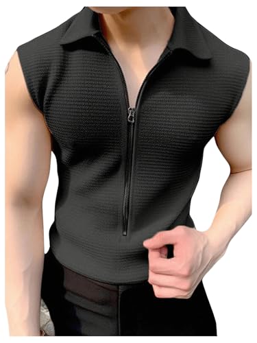 OYOANGLE Men's Zip Up Sleeveless Shirts Collared Neck Ribbed Knit Slim Fit Solid Casual Tank Tops Streetwear
