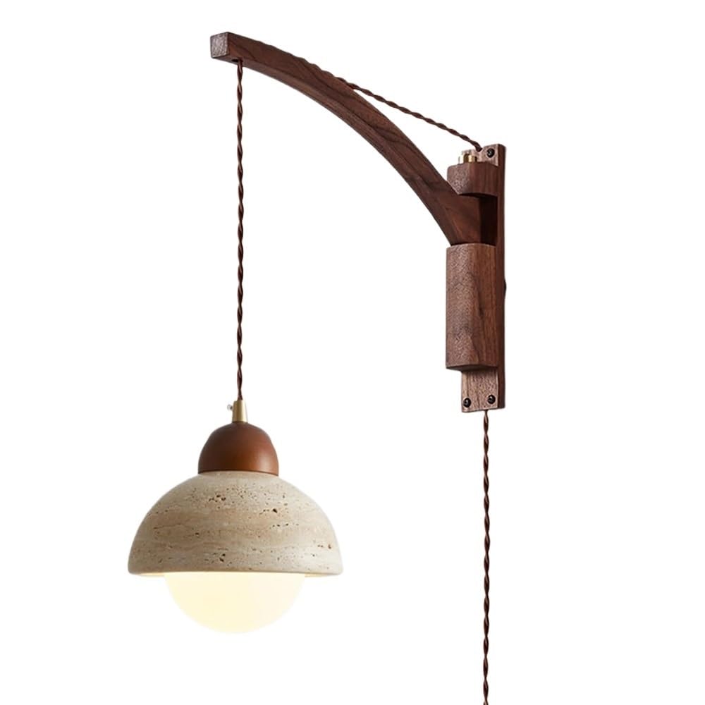 NHPJFDC Solid Wood Arc Arm Travertine Wall Sconce Plug in Wall Lamp with Switch Natural Stone Dome Hanging Light for Bedside Living Room Study Hallway 7 Inch Shade