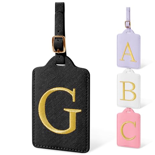 Image of Initial Luggage Tags for Suitcases, Cute Embroidered Letter Luggage Bag Suitcase Identifier Name Baggage Tag, PU Leather Travel Luggage Tags, Bag Tags for Men Women Kids Luggage Handbags(Black G)