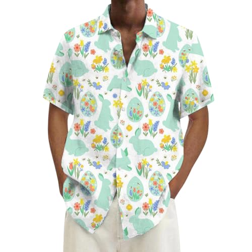 YOSUWOAI Camisa para hombre, divertida, de Pascua, elegante, para fiesta de Pascua, manga corta, verano, conejito de Pascua, diseño de huevo de Pascua, camisa de manga corta para verano, Hawaii