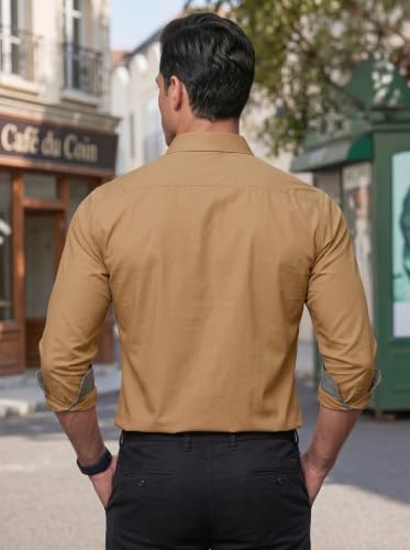 Image of Men's Cotton Blend Shirt with Solid Long Sleeves Spread Coller Neck Regular Fit Single Chest Pocket and Standard Length | Cotton Casual Shirt for Man
