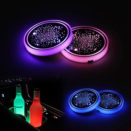 GSOWO 2PCS LED Car Cup Holder Lights [7-Color Starry Sky] Light-Up Cup Coasters with 4 Modes & USB Rechargeable Car Interior Night Lighting