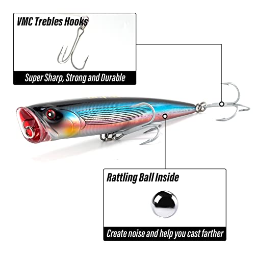Dr.fish Topwater Popper Saltwater Fishing Lures, 5-1/2 Inches Gt Popper Vmc Treble Hooks Surf Fishing Lures For Striper Tuna Bluefish Pencil Popper Fishing Plugs Offshore Lures 3 Pack #TOP1