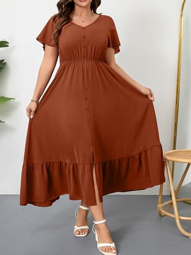Image of RWJ Women Plus Size Maxi Dress V Neck Short Sleeve Button Trim Split Flowy Tiered Casual Long Dresses 2025 L-3XL