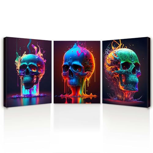 3er Set Wandbilder Modern – Bunte Totenkopf Leinwandbilder in Neon Farben, Kunstdrucke mit Rahmen für Wohnzimmer, Schlafzimmer oder Jugendzimmer, Bilder auf Leinwand Deko mit Haken und Zubehör