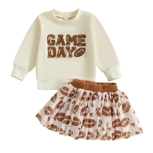 Toddler Baby Girl Football Outfits Game Day Embroidery Long Sleeve Sweatshirt Sequin Tutu Skirts 2Pcs Fall Clothes (Beige, 3-4T)