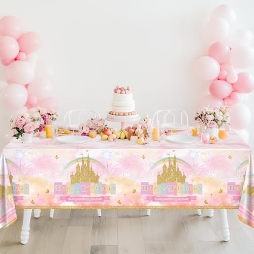 Image of Avezano 6 Pcs Princess Castle Tablecloth Rainbow Princess Birthday Table Cloth for Girls Women Birthday Party Decorations 108 x 54 Inch