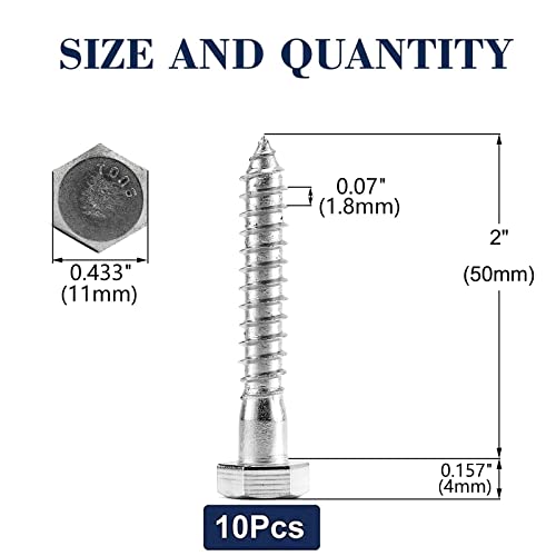 Image of 1 /4 inch x 2 inch Hex Head Lag Screws Bolts 10Pcs 304 Stainless Steel 18-8, Partial Thread, Hexagon Head Wood Screws by SG TZH