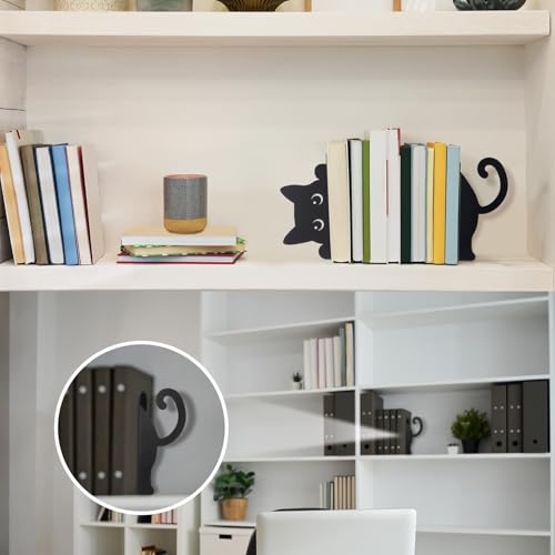 Buchstützen aus Metall, 2 Stück kreative Katze Bücherstütze Schwarz, dekorative Buchhalter im Katzen-Design, für Regal, Schule, Büro und Zuhause, Geschenk für Katzenliebhaber und Leseenthusiasten