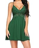Avidlove Damen Spitze Dessous Nachtwäsche Hemden V-Ausschnitt Vollslip Babydoll Nachthemd Kleid (Dunkelgrün, M)
