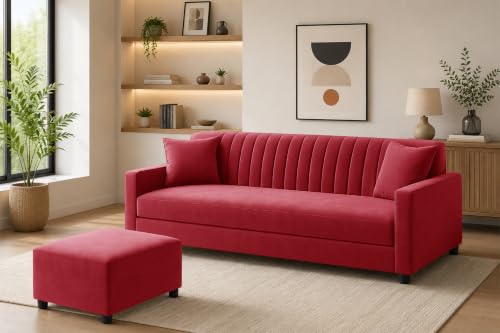 Image of Modern 3-Seater Wooden Sofa Set with Ottoman, Soft Velvet Upholstery, Comfortable Couch for Living Room, Office & Apartment - Red Color