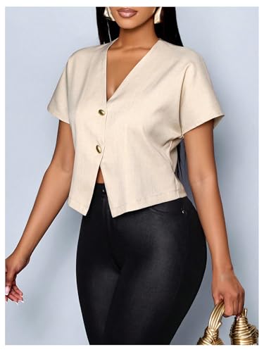 Floerns Women's V Neck Button Asymmetrical Hem Blouse Short Sleeve Elegant Shirt Tops2