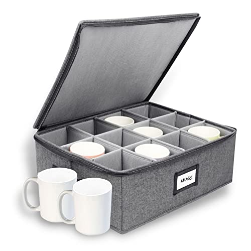 Homelux Theory Mug Storage Box With Dividers | 16"X12.5"X6" Ultra Thick Hardshell All Surfaces & Cover | Cup Storage| Stackable Storage With 12 Compartments | Cup Storage Organizer With Handles #TOP5