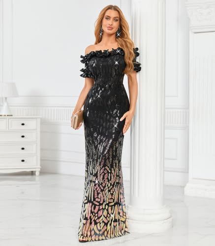 Image of dasmzper Women Sexy Sequin Off Shoulder Ruffle Short Sleeve Bodycon Mermaid Party Formal Evening Maxi Dress