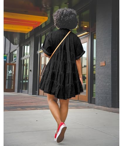 Image of Womens Denim Babydoll Dresses Summer Outfits Button Down Ruffle Tiered Jean Dress