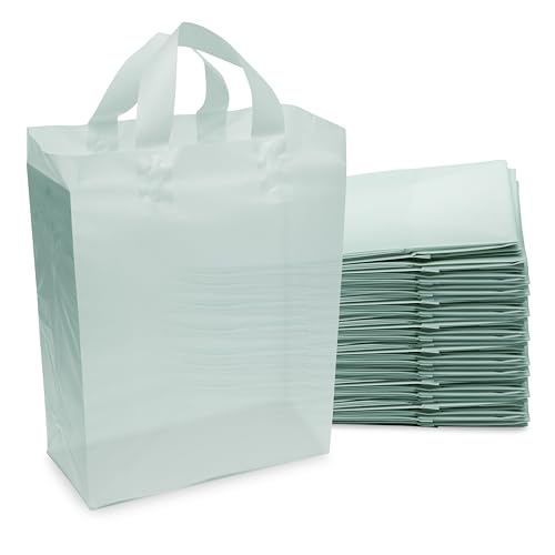 prime line packaging plastic gift bags with handles for small business, reusable gift bags for grocery, goodies, cloth, merchandise, bulk, 10x5x13 100 pack