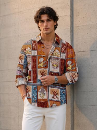 Image of Mens Cotton Cat Printed Shirt Collar Neck Full Sleeves Casual Shirt Regular Fit Button Down Shirt