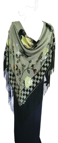 Silk Base Burn-out Velvet Square Shawl, 42"x42", 8" Net Tassel, Mult.Olive Rose4