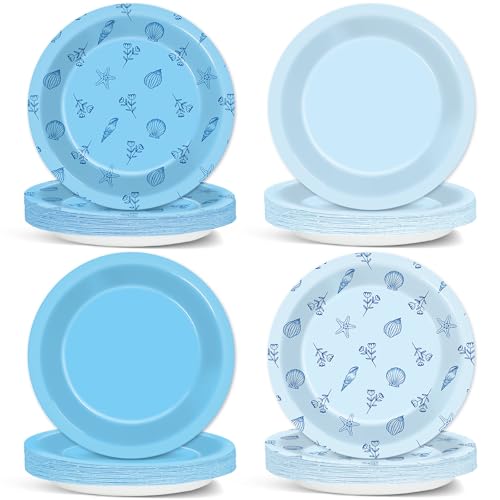 48Pcs Coastal Birthday Party Decorations Nautical Bachelorette Paper Plates 7Inch Disposable Starfish Seashell Blue Coastal Tableware Set for Summer Beach Wedding Bridal Shower Birthday Supplies