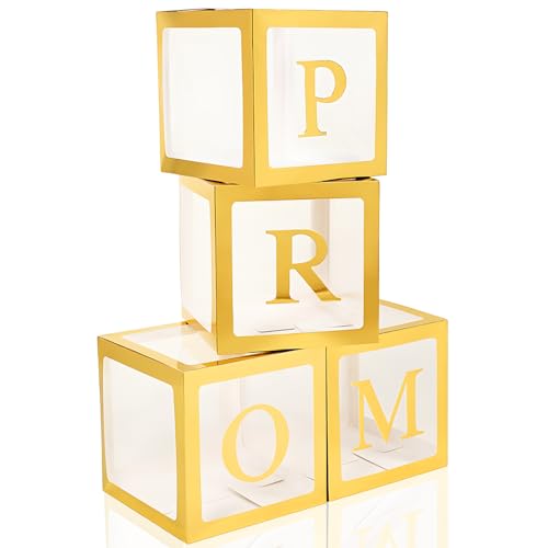 Trandraft 4 Pcs Prom Boxes with Letters 11.8 x 11.8 x 11.8 Inch Clear Balloon Boxes Transparent High School College Graduation Party Favors Supplies(Prom Gold)