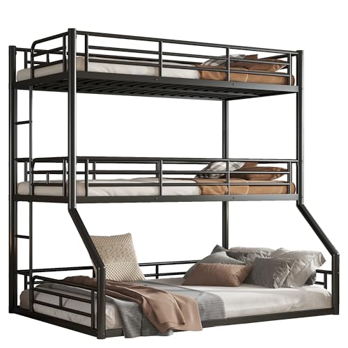 Image of Twin Over Twin Over Full Bunk Bed with Safety Guardrails, Modern Metal Triple Bed Frame for Kids, No Box Spring Required, Black