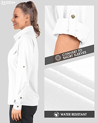 33,000Ft Women's Upf 50 Uv Sun Protection Shirt, Cool Quick Dry Long Sleeve Outdoor Fishing Hiking Safari Travel Shirt White #TOP2