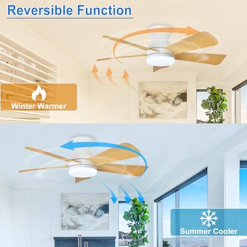 Image of Depuley 35-Inch Ceiling Fans with Lights: Indoor /Outdoor Flush Mount Ceiling Fan with Remote Control - Wood 5 Blade Low Profile Fandelier for Kitchen Gazebo - Reversible Quiet Timer - 2 Packs