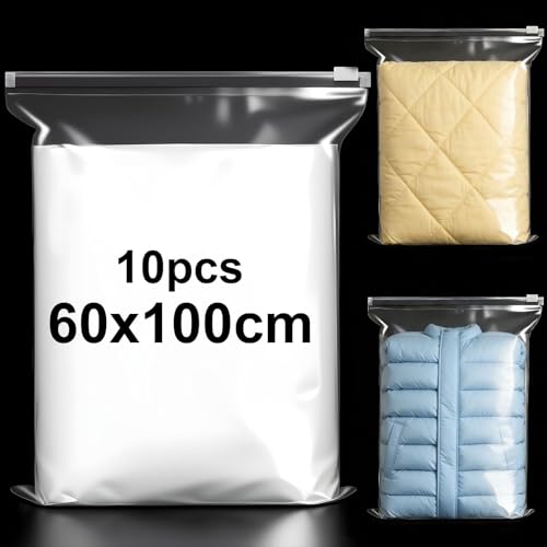 XRXYMQ 10 Pièces Sachet Zip Transparent 60x100 cm Sac Plastique Refermable Surface Imperméable Respirant Sac de Rangement Valise Pour Vêtements Literie...