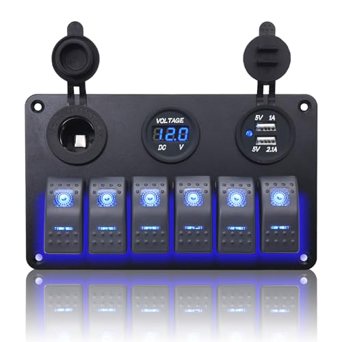 Geloo Pannello impermeabile per barca, interruttore a bilanciere a 6 marce, con presa USB da 3,1 A, presa accendisigari, voltm, per camion, barca, auto, camion
