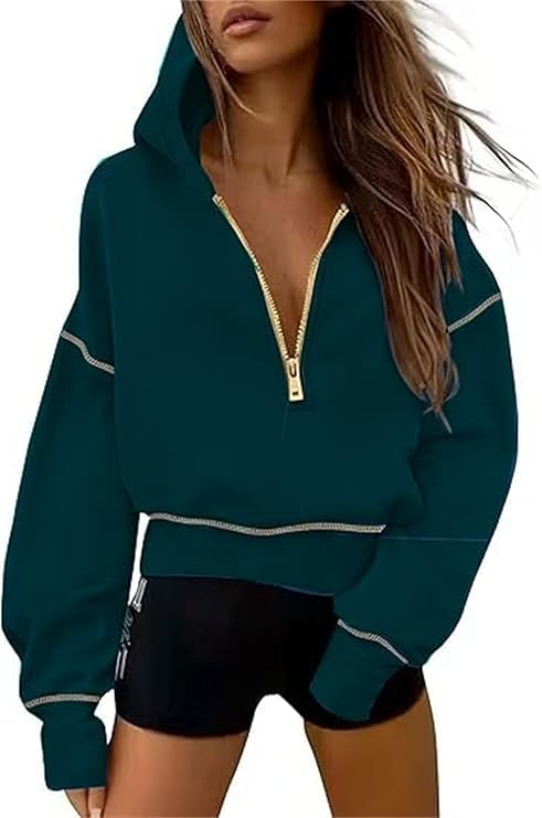 Half Zip Cropped Hoodies Pullover Women Casual Long Sleeve Zipper Hooded Sweatshirts Color Block Cute Sweatshirt