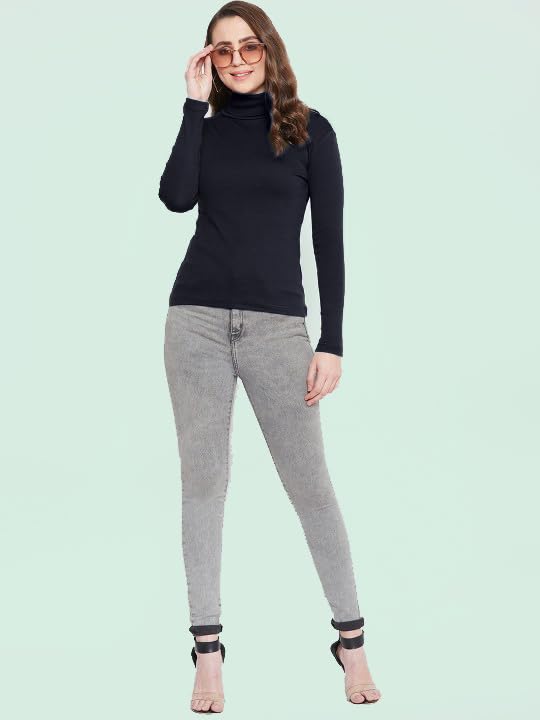 Image of ALONE EAGLE Stylish Black Turtle Neck Cotton Solid Tshirt for Women
