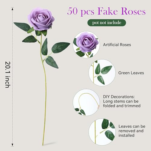 Image of INSPRING 50 PCS Purple Roses Artificial Flowers with Long Stems | Real Looking, Fake Roses, Silk Flowers, DIY Bouquet, Wedding Party Celebration Home Bridal Decoration Gift, for Her Wife