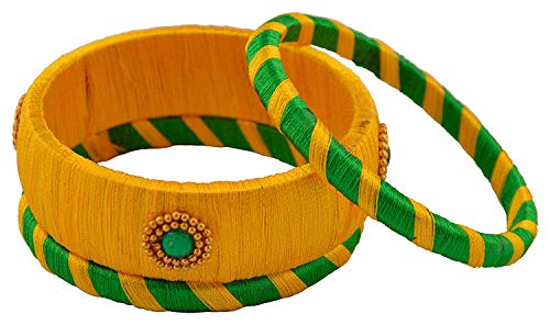 Image of Silk Thread Bangles Green and Yellow with Beautiful Colored Kundan Bangles Set