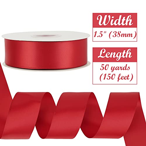 Huihuang Red Ribbon 1-1/2 Inch Satin Ribbon, Red Double Faced Satin Ribbon For Christmas Gift Wrapping For Bows Making Floral Bouquet Wedding Christmas Decor Party Favor And Craft Supplies-50 Yards #TOP1