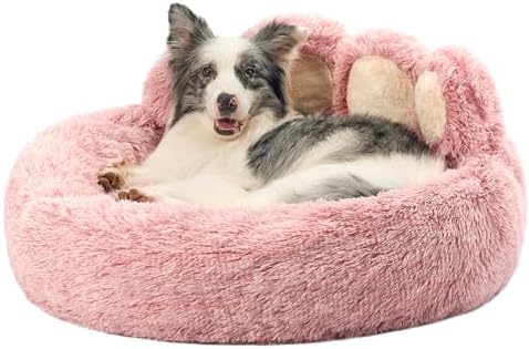 Jiupety Paw Shape Calming Pet Bed, Medium Plush Faux Fur Donut Bed for Dogs & Cats, Machine Washable, Non-Slip Bottom, Extra Large Size (32