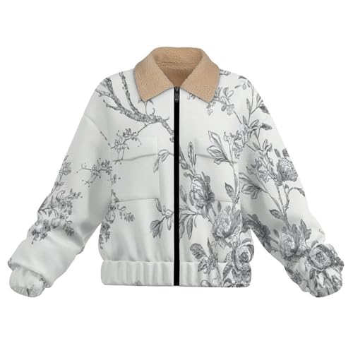Chaqueta de invierno para mujer con forro polar retro de flores y pájaros 5