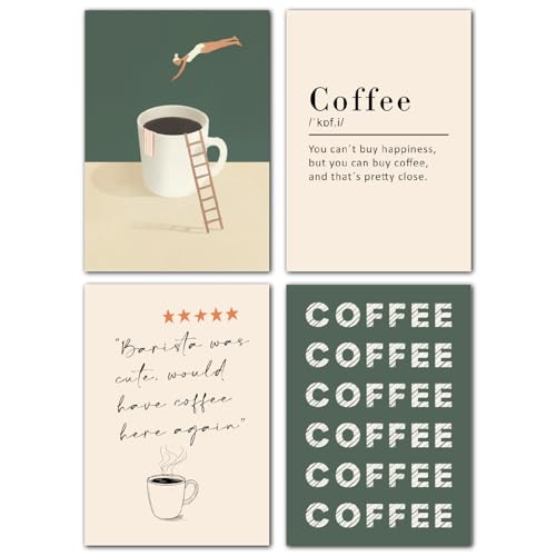 LAVEMA Kaffee Bilder Küche Grün Poster Set A4 (21x30cm) Retro Modern Café Küchenbilder Barista Wanddeko Esszimmer Bilderwand Büro Küchendeko Kitchen Wandbilder Wandposter ohne Bilderrahmen