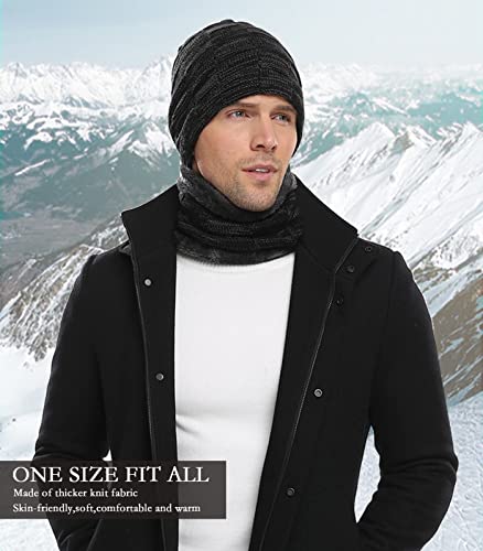 Mens Winter Beanie Hats Scarf Set Warm Knit Hats Skull Cap Neck Warmer With Thick Fleece Lined Winter Hat & Scarf For Women A-Black #TOP4