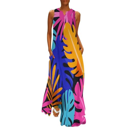 Robe femme col en v sans manches à motif Monstera tropicale noire style bohème