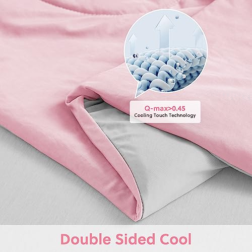 HOMFINE Cooling Comforter Japanese Double-Sided Cold Tech Fabric Cooling Blanket for Night Sweats Hot Sleepers, Q-Max 0.45 Soft Breathable Silky Smooth Lightweight Pink Summer Comforter King