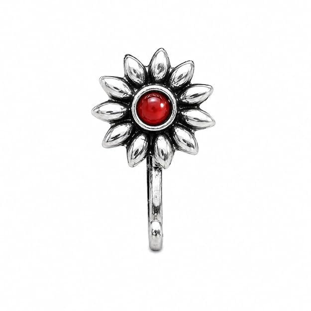 Plus Jewellery Stunning Oxidised silver finishing Red stone stud sun Design Nose Pin | Ring | Without Piercing | Adjustable | Nose Ring | Nathiya|Nathani | For Festival |Navratri For womens & Girls.-image-30
