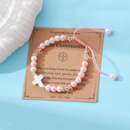 First Communion Gifts for Girls, 1st First Holy Communion Bracelet Gift Favors for Girls, Baptism Confirmation Gifts for Teen Girl, Pearl Cross Bracelet for Girl, Religious Gift for Christian Catholic-Pink