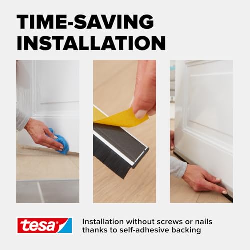 tesa INSULATION Premium Türdichtschiene für unebene Böden - Selbstklebende Alu-Türdichtung zum Schutz vor Zugluft - Weiß - mit Bürstendichtung bis 15 mm