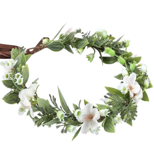 KorViSHOW White Flower Crown Headband- Artificial Green Fairy Floral Headpiece Boho Bridal Headdress for Women Girls Maternity Renaissance Wedding Festival Party Hair Styling Accessory