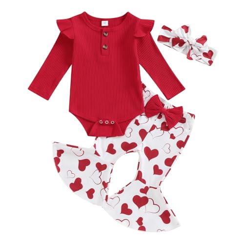 Image of Kuriozud Newborn Baby Girl Bell Bottom Outfit Ruffle Romper Cute Bow Flare Pants Set Headband Cute Clothes