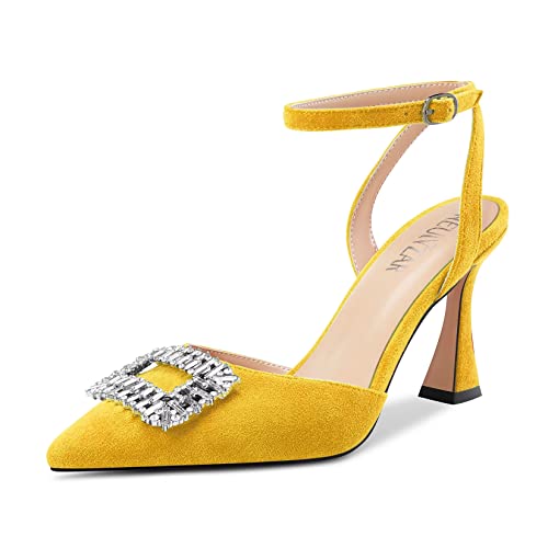 HEUIVZAR Mujer Alto High Chunky Ancho Heel Puntiaguada Punta Sandalias Correa Tobillo Diamante Cristal Cierre con Hebilla de Boda Dress Zapatos Amarillo 41 EU