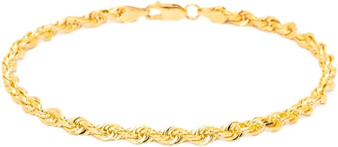 Floreo 10k Yellow Gold 3mm Diamond Cut Lite Rope Chain Bracelet or Anklet